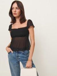 Reformation Lucelia Top Black – short sleeve semi sheer tops