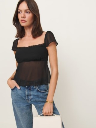 Reformation Lucelia Top Black – short sleeve semi sheer tops