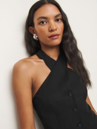 Reformation Tate Top in Black – chic fitted halterneck tops – sophisticated evening fashion