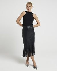 River Island Black faux leather fringe midi skirt | fringed skirts