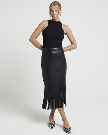 River Island Black faux leather fringe midi skirt | fringed skirts