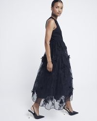 RIVER ISLAND Black flower embellished skater midi dress – sleeveless floral sheer overlay fit and flare – women’s tulle detail party dresses