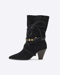 RIVER ISLAND Black Suede Western Heeled Boots ~ womens trendy footwear autumn 2024 ~ womens studded and strap detail boot