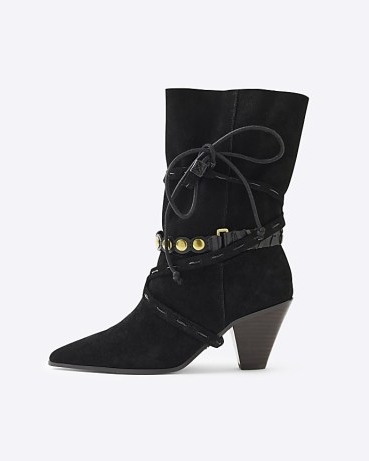 RIVER ISLAND Black Suede Western Heeled Boots ~ womens trendy footwear autumn 2024 ~ womens studded and strap detail boot