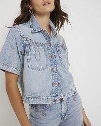 RIVER ISLAND Blue denim studded crop shirt ~ women’s cropped studded short sleeve shirts