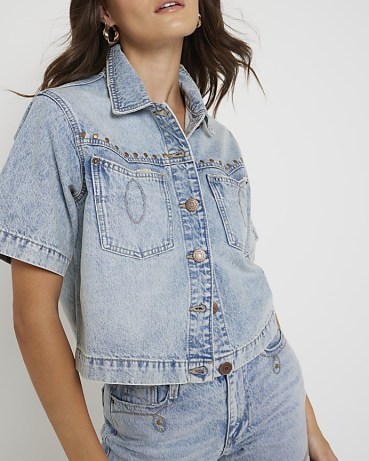 RIVER ISLAND Blue denim studded crop shirt ~ women’s cropped studded short sleeve shirts