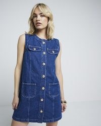 River Island Blue denim trophy shift mini dress | sleeveless crew neck front button up dresses | womens cotton fashion