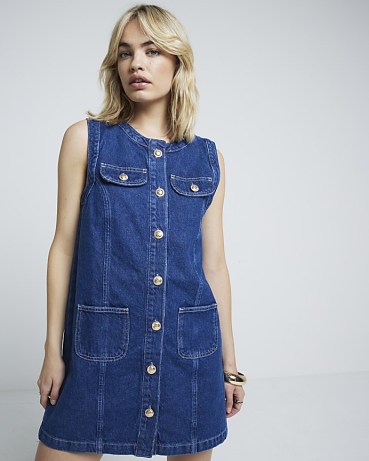 River Island Blue denim trophy shift mini dress | sleeveless crew neck front button up dresses | womens cotton fashion