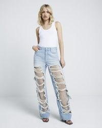 River Island Blue relaxed straight mesh embellished jeans | women’s ripped denim jean | womens fashion with destroyed details