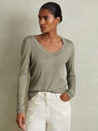 REISS Brady Jersey V-Neck Top in Sage ~ women’s green long sleeve layered cuff detail tops ~ casual luxe style clothing