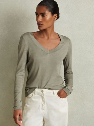 REISS Brady Jersey V-Neck Top in Sage ~ women’s green long sleeve layered cuff detail tops ~ casual luxe style clothing