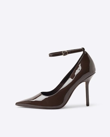 RIVER ISLAND Brown ankle strap heeled court shoes ~ glossy pointed toe stiletto courts