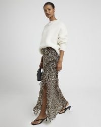 RIVER ISLAND Brown chiffon leopard frill maxi skirt ~ ruffled animal print skirts