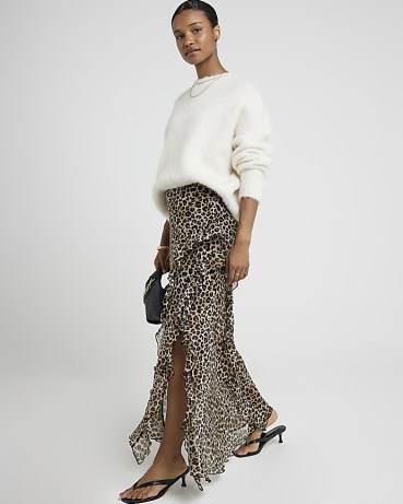 RIVER ISLAND Brown chiffon leopard frill maxi skirt ~ ruffled animal print skirts