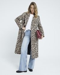 RIVER ISLAND Brown Leopard Print Jacquard Coat / women’s longline animal print coats / glamorous autumn looks for 2024