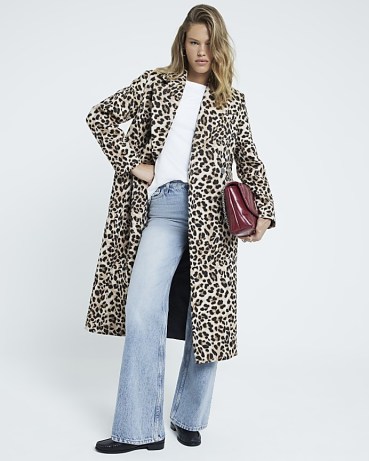 RIVER ISLAND Brown Leopard Print Jacquard Coat / women’s longline animal print coats / glamorous autumn looks for 2024