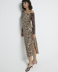 RIVER ISLAND Brown Leopard Sequin Midi dress ~ sequinned animal print asymmetric neckline bodycon dresses