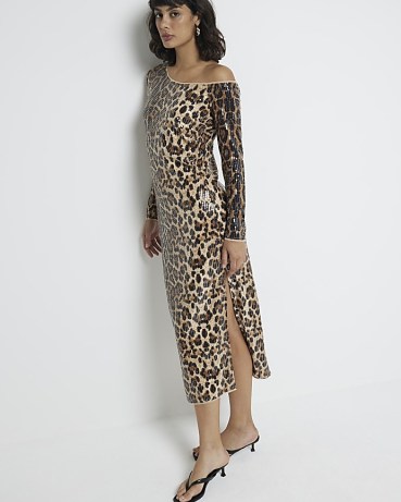 RIVER ISLAND Brown Leopard Sequin Midi dress ~ sequinned animal print asymmetric neckline bodycon dresses