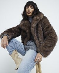 RIVER ISLAND Brown short faux fur coat – cropped fluffy winter coats