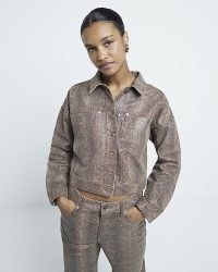 RIVER ISLAND Brown Snake Print Cropped Jacket ~ collared crop hem cotton jackets with snakeskin prints