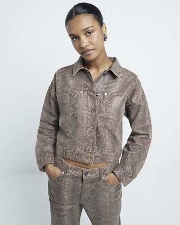 RIVER ISLAND Brown Snake Print Cropped Jacket ~ collared crop hem cotton jackets with snakeskin prints