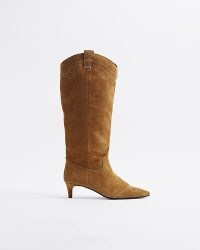 RIVER ISLAND Brown Suede Knee High Western Boots ~ women’s tan kitten heel boot