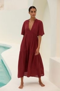 By Anthropologie Flowy Maxi Dress in Wine | tiered red cotton deep V-neck dresses | summer cover up | poolside clothing | beachwear fashion