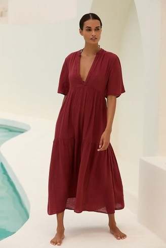 By Anthropologie Flowy Maxi Dress in Wine | tiered red cotton deep V-neck dresses | summer cover up | poolside clothing | beachwear fashion