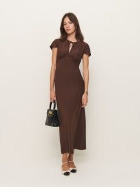 The Reformation Lydia Silk Dress in Cafe ~ silky dark brown vintage style dresses ~ luxe fashion