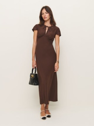 The Reformation Lydia Silk Dress in Cafe ~ silky dark brown vintage style dresses ~ luxe fashion