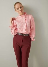 L.K. BENNETT Camille Pink & Camel Stripe Blouse ~ long sleeve high frill neck linen blouses ~ feminine clothing