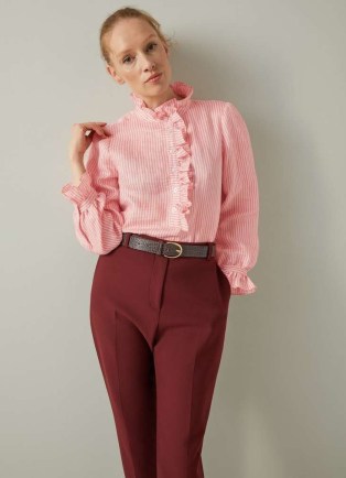 L.K. BENNETT Camille Pink & Camel Stripe Blouse ~ long sleeve high frill neck linen blouses ~ feminine clothing