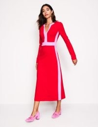 Boden Catherine Ponte Midi Dress in Rouge ~ red long sleeve colour block dresses