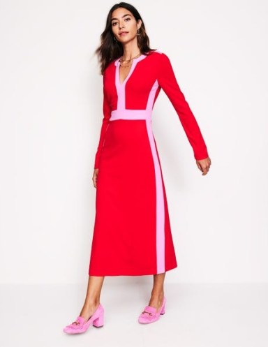 Boden Catherine Ponte Midi Dress in Rouge ~ red long sleeve colour block dresses