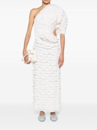 Chloé White Ruffled One-Shoulder Dress in White ~ side cut out maxi dresses with an asymmetric neckline