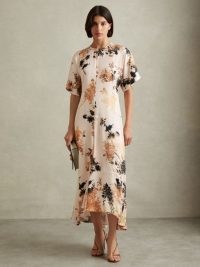 REISS Chrissy Floral Print Midi Dress in Pale Pink ~ women’s pretty high low hemline occasion dresses