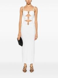 Christopher Esber Pierced Orbit Midi Dress in White ~ strappy ruched cut out occasion dresses ~ glamorous evening wear ~ party glamour