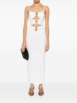 Christopher Esber Pierced Orbit Midi Dress in White ~ strappy ruched cut out occasion dresses ~ glamorous evening wear ~ party glamour