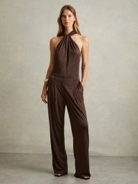 REISS Claudia Jersey Halter Neck Wide Leg Jumpsuit in Chocolate ~ dark brown halterneck jumpsuits