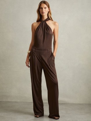 REISS Claudia Jersey Halter Neck Wide Leg Jumpsuit in Chocolate ~ dark brown halterneck jumpsuits