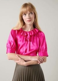 L.K. BENNETT Coco Magenta Satin Blouse ~ bright pink silky ruffle neck blouses