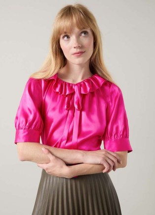 L.K. BENNETT Coco Magenta Satin Blouse ~ bright pink silky ruffle neck blouses