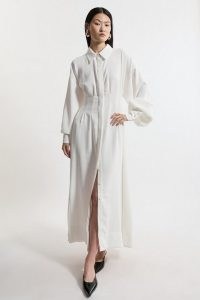 KAREN MILLEN Compact Stretch Viscose Long Sleeve Woven Maxi Shirt Dress in White ~ chic collared balloon sleeve dresses