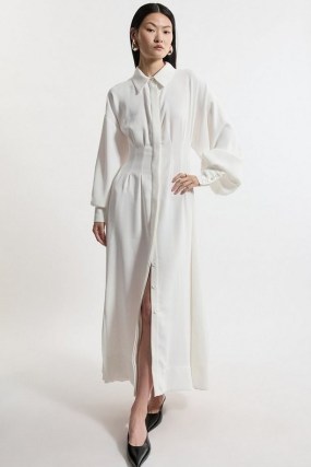 KAREN MILLEN Compact Stretch Viscose Long Sleeve Woven Maxi Shirt Dress in White ~ chic collared balloon sleeve dresses