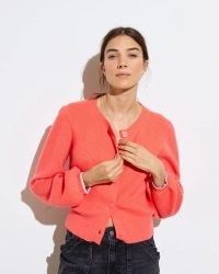 OLIVER BONAS Coral Orange Balloon Sleeve Knitted Cardigan ~ women’s bright crew neck button up cardigans ~ knitwear for Autumn 2024