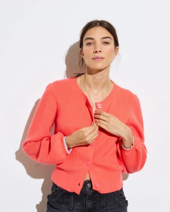 OLIVER BONAS Coral Orange Balloon Sleeve Knitted Cardigan ~ women’s bright crew neck button up cardigans ~ knitwear for Autumn 2024