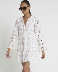 RIVER ISLAND Cream broderie smock mini dress / women’s floral cut out summer dresses / cotton holiday fashion