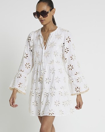 RIVER ISLAND Cream broderie smock mini dress / women’s floral cut out summer dresses / cotton holiday fashion