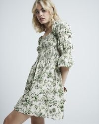 RIVER ISLAND Cream floral shirred smock mini dress / women’s cotton gathered detail dresses