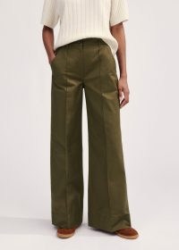 me and em Crease Front Trouser in Deep Autumn Olive ~ women’s dark green stretch cotton trousers